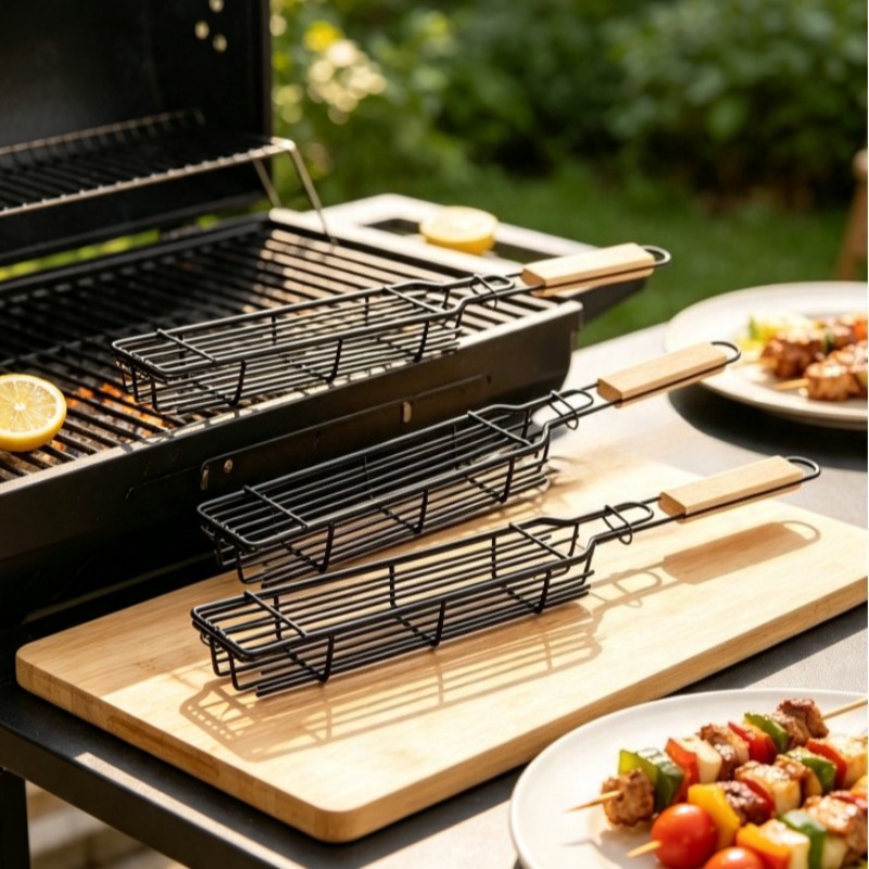Nesting Camping Cooking Set - 2/3개 스테인리스 스틸 그릴 바구니, 나무