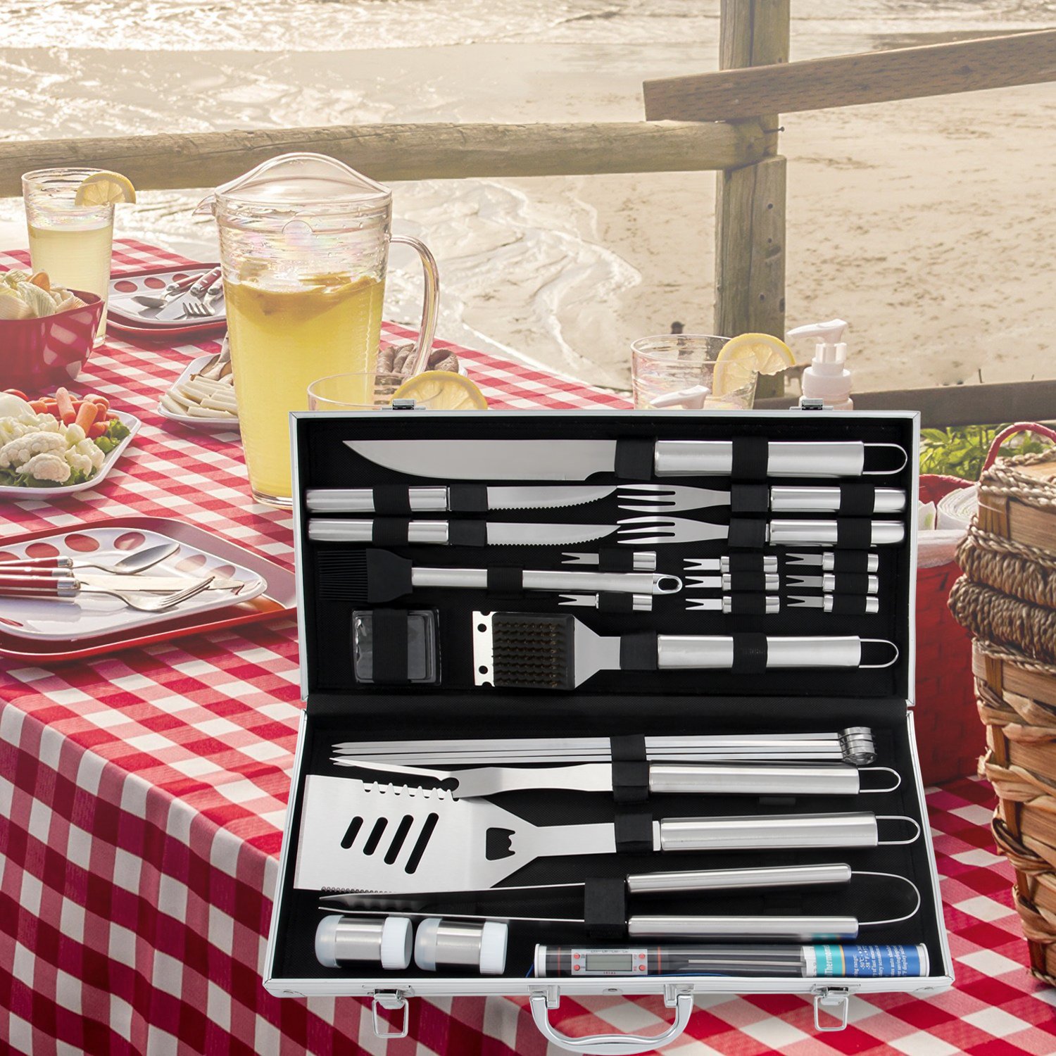 Camping Cooking Kit Box - 알루미늄 박스가 포함된 26종 스테인리스 스틸