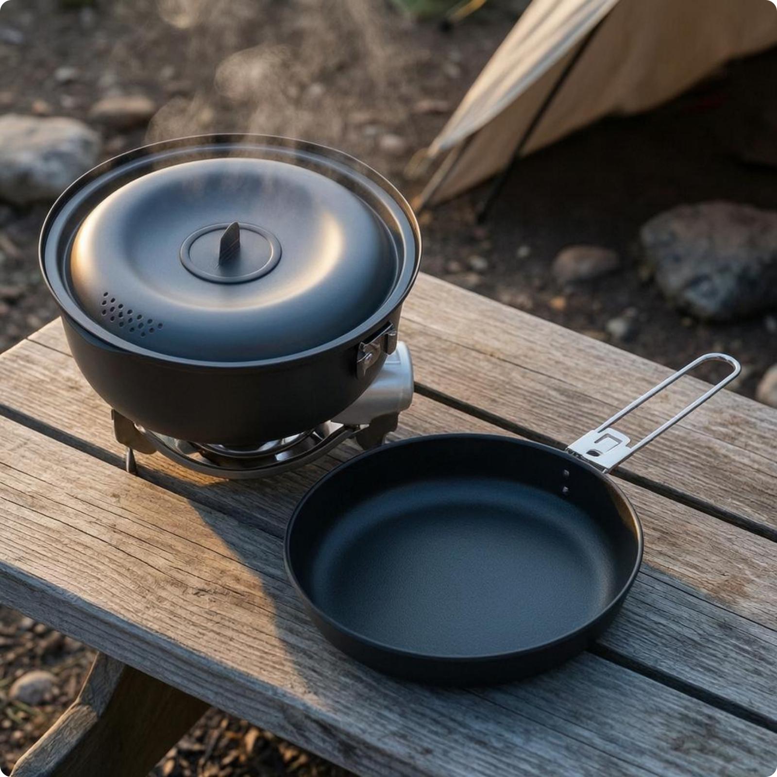 야외용 조리기구 논스틱 캠핑 조리기구 세트, 뚜껑과 손 - Nesting Camping Cooking Set 리뷰 및 가격