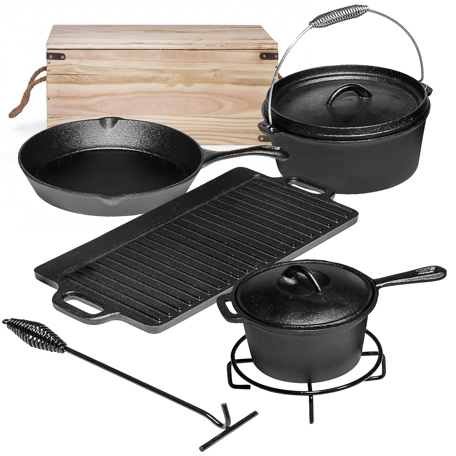 캠핑 요리 세트 7종. 사전 조리된 무쇠 냄비와 프라이 - Camping Cooking Pot With Lid 리뷰 및 가격